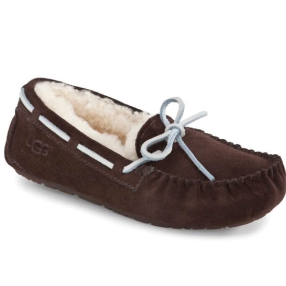 UGG Brown Suede Shearling Moccasin Slippers with Cream Lining